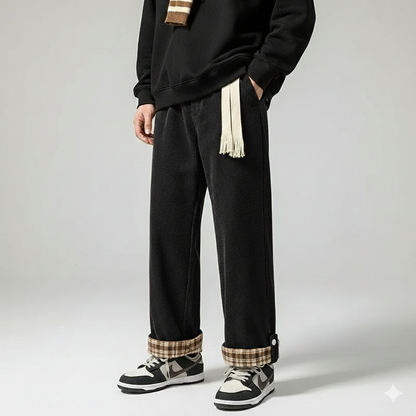 מכנסי קורדרוי עם שוליים מתקפלים משובצים