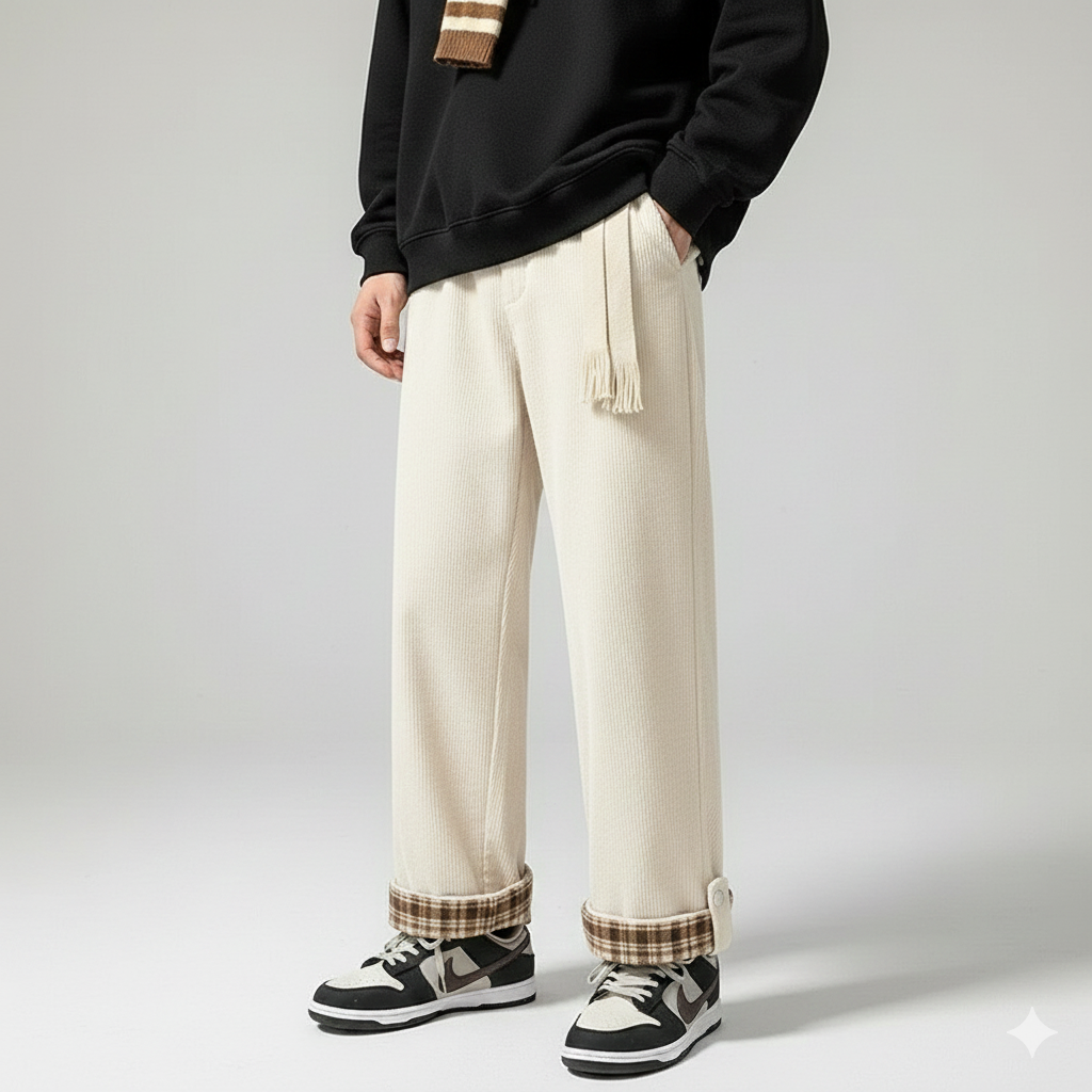 מכנסי קורדרוי עם שוליים מתקפלים משובצים