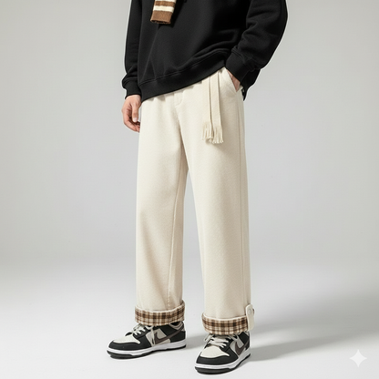 מכנסי קורדרוי עם שוליים מתקפלים משובצים