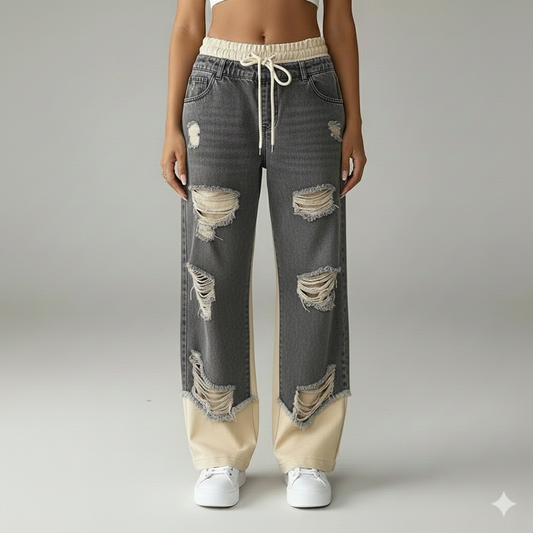 מכנס דמוי ג'ינס עם קרעים