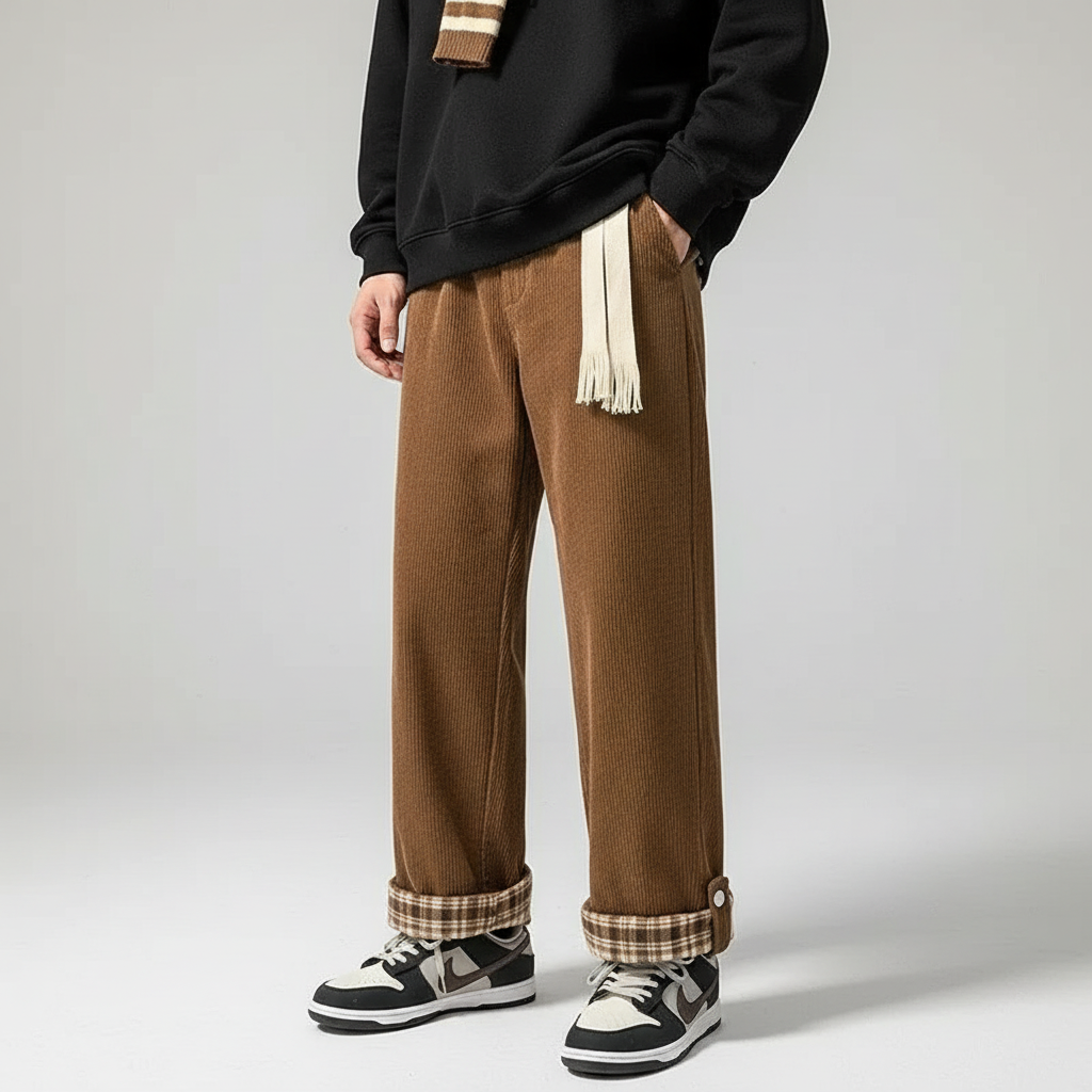מכנסי קורדרוי עם שוליים מתקפלים משובצים