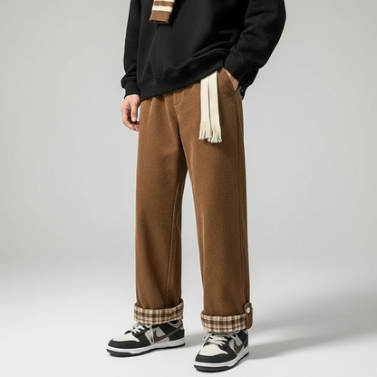 מכנסי קורדרוי עם שוליים מתקפלים משובצים