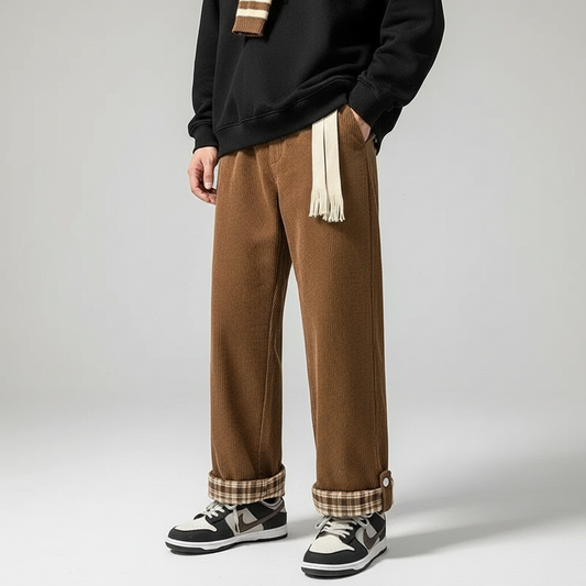 מכנסי קורדרוי עם שוליים מתקפלים משובצים