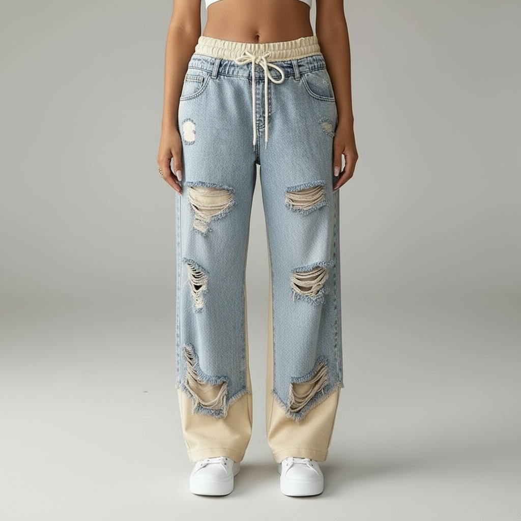 מכנס דמוי ג'ינס עם קרעים