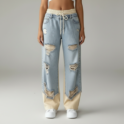 מכנס דמוי ג'ינס עם קרעים