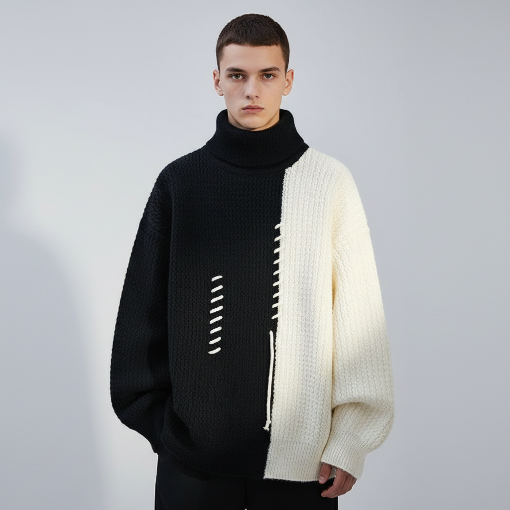 סוודר צמר גולף דו-צבעי עם תפרים