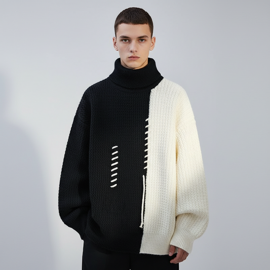 סוודר צמר גולף דו-צבעי עם תפרים