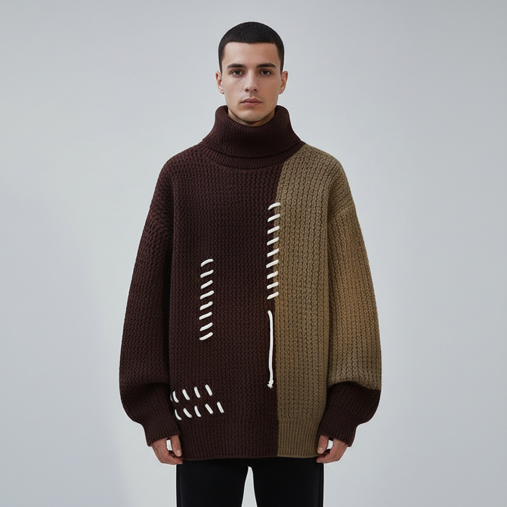 סוודר צמר גולף דו-צבעי עם תפרים