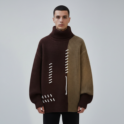 סוודר צמר גולף דו-צבעי עם תפרים