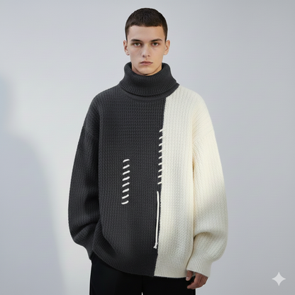 סוודר צמר גולף דו-צבעי עם תפרים