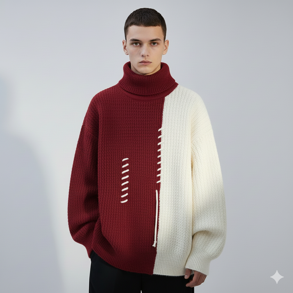 סוודר צמר גולף דו-צבעי עם תפרים